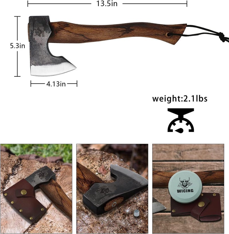 WICING 13.5 Inch Hatchet, Camping Axes and Hatchets 1065 Carbon Steel and Beech Handle, with Leather Sheath - Image 2
